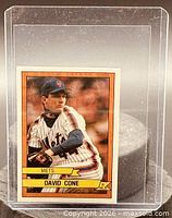 Front of 1989 Panini sticker #129 David Cone in protective sleeve
