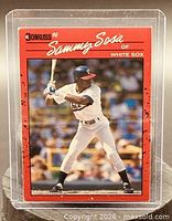 Front of 1990 Donruss Sammy Sosa rookie card in sleeve