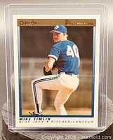 Front of 1991 O-Pee-Chee Premier Mike Timlin card in holder