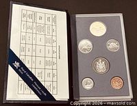 Open presentation case showing six coins and specification card