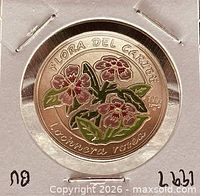 Reverse of coin showing coloured Lochnera rosea design and legends
