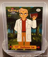 Front view of 1999 Topps Pokémon TV Animation Edition trading card showing Professor Oak illustration in toploader