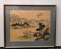 Front view of framed Chinese watercolor landscape painting
