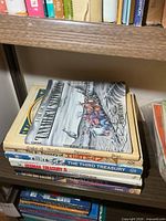 Stack of large cartoon books on shelf showing Herman and The Far Side titles