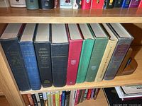 Full view of nine hardcover books on shelf