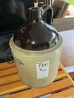 Front view of Gerity Bros stoneware jug showing marking and two-tone glaze