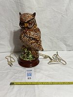 Full view of owl lamp unplugged showing chip area and power cord