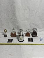 Group shot of five miniature NHL trophies and two cards
