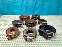 Grouped view of nine rolled leather belts showing colors and buckles
