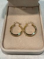 Pair of 14K gold hoop earrings resting in box