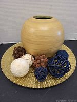 Full set: bamboo vase on gold charger with decor balls