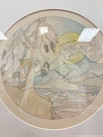 Close view of the watercolour showing tree, figures and mountains
