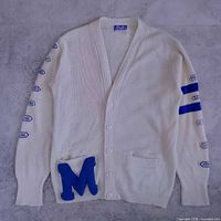 Full front view of cardigan showing patches, buttons, pockets