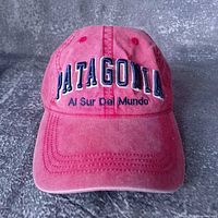 Front view of faded red Patagonia cap showing logo