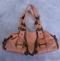 Full view of blush leather handbag showing overall design, hardware and size