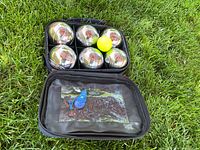 Open carry case with six boules, yellow golf ball, blue plastic tool in pocket