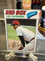 Front of 1977 Topps Carl Yastrzemski card on stand