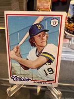 Front view of 1978 Topps Robin Yount #173 card on stand