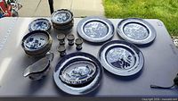 Full lot view showing stacks of plates, egg cups, platters, gravy boat