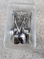 Flatware in storage tub showing quantity and pattern