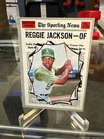Full front view of Reggie Jackson Topps The Sporting News All-Star card on stand