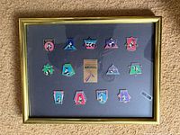 Front view of framed pin set showing all pins and logo plate