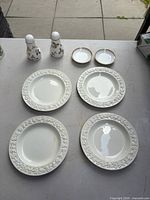 Full lot: four plates, two condiment dishes, two shakers on table