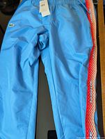 Full view of track pants showing color, stripe, logo, waistband tags