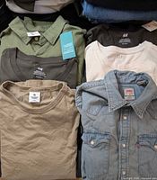 All six shirts and tees laid out showing colors, brands, Levi’s denim shirt, H&M items, Gap tee, Reigning Champ tee