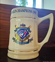 Close-up of Toronto Blue Jays 1992 World Champions ceramic stein
