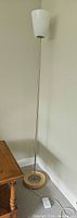 Full view of floor lamp showing white shade, chrome pole, wood & chrome base with foot switch