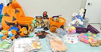 overview of Halloween and Easter decor on table