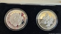 Close-up of both coins in capsules showing inscriptions and logo