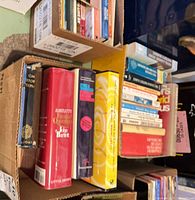 Two cardboard boxes filled with assorted reference books, spines visible