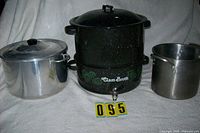 All three pots: aluminum pot with lid, clam steamer assembled, stainless stock pot