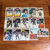 All 15 O-Pee-Chee 1977-78 hockey cards laid out in three rows