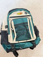 Front view of Pack Cell backpack showing logo, front zip pocket, bungee cord and mesh side pocket