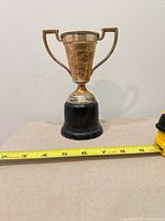 Front view of trophy showing handles, cup, wooden base, and tape measure for scale