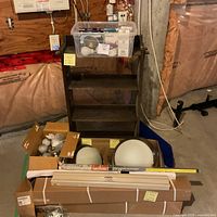 Overall lot with fixtures, bulbs, blinds, shelf, bed frame parts