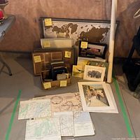 Overall lot with world map, box of frames, matted prints, loose maps