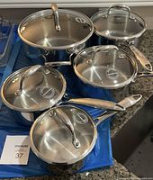 All five Lagostina stainless pots with lids displayed on counter