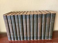 Spine view of all 13 matching volumes standing in sequence