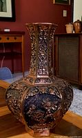 Full view of hexagonal copper overlaid vase