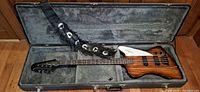 Bass guitar inside open fitted hard case with strap visible