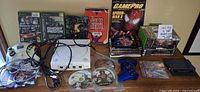 Full view of lot showing Dreamcast console, controllers, discs, magazines, cases