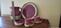 Full set showing pitcher, platter, two mugs and low bowl