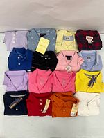 Group shot of all 16 folded shirts showing colours and tags