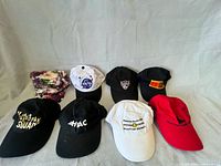 Eight caps including floral, NASA, crest, German flag, two hashtag slogans, quote cap, moose cap