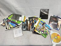 Overview of stacked instruction manuals, cover inserts and loose disc