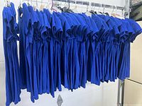 Row of royal blue women’s T-shirts hanging on rack